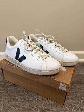 Veja White Sneakers with Navy 'V' Logo